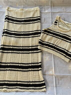 Striped Crochet Maxi Skirt in Cream and Black